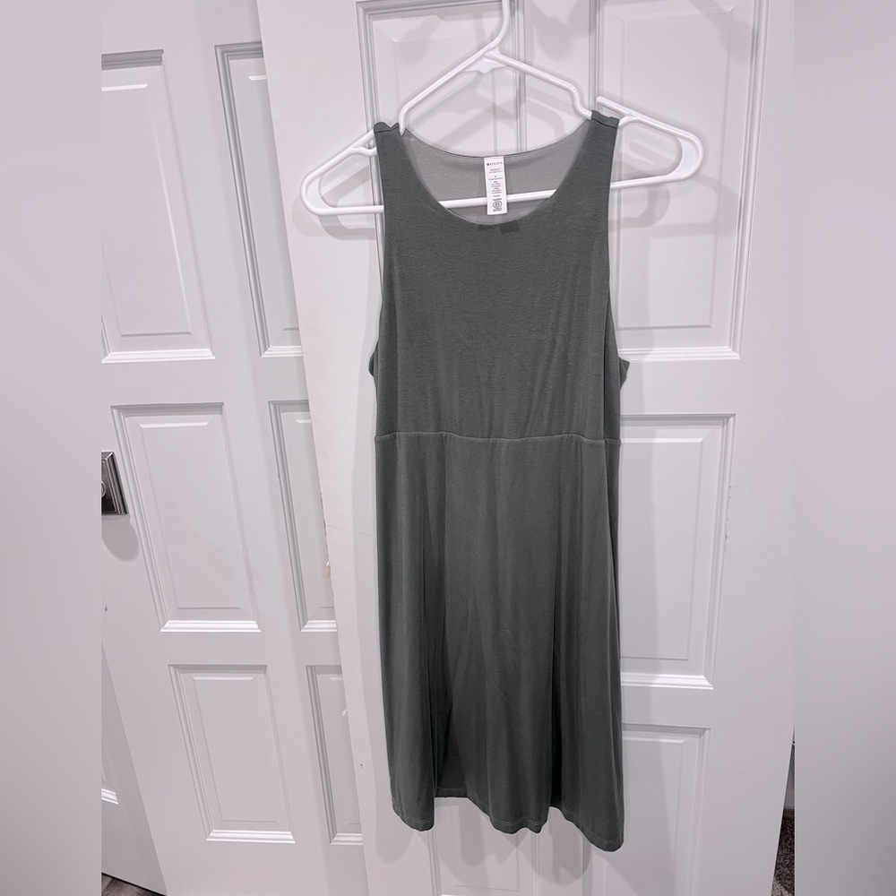 Athleta sleeveless dress, size S, muted green/gray tones